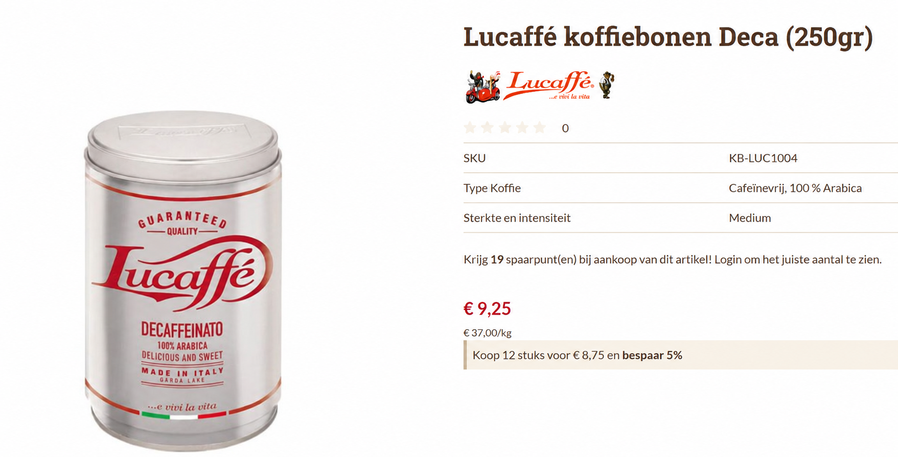 Lucaffè Deca koffiebonen 250gr